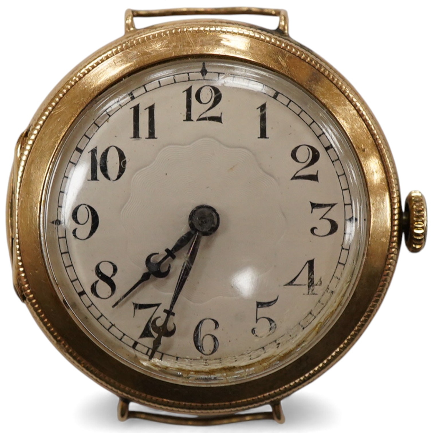 A gentleman's mid 1920's 9ct gold manual wind wrist watch, with Arabic dial, case diameter 30mm, no strap.